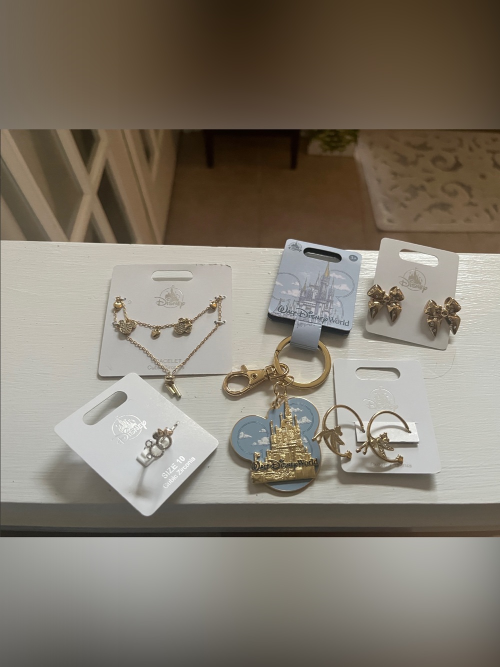 Disney Gold and Blue Castle Keychain with Coordinating Gold Jewelry Set. NEW